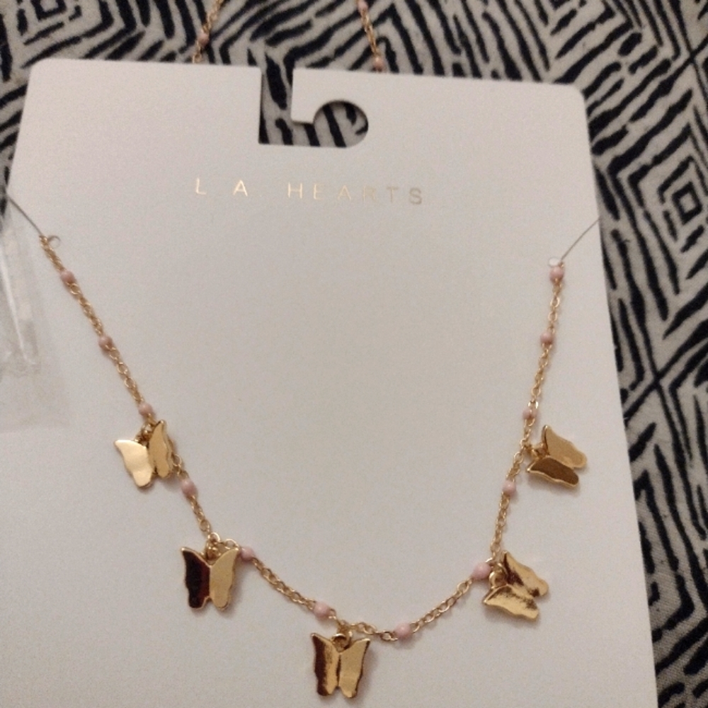 LA hearts butterfly necklace with pink beads